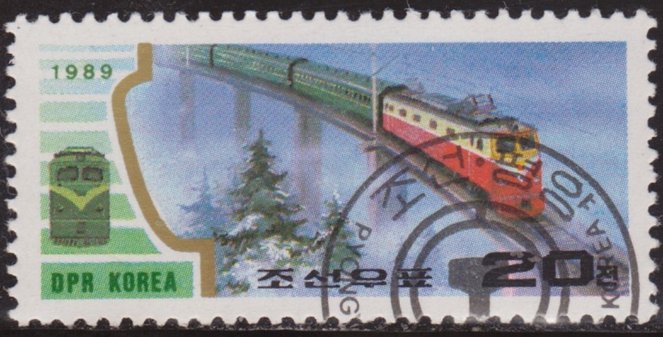 z vendido Corea Norte 1989 Scott 2873 Sello * Electric Train Crossing Bridge 20 Ch Preobliteré Matasello de favor Preobliterado DPR Korea Coree